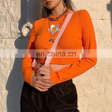 Hot Wholesale Women's Ladies Sexy Skinny Printed Long-sleeved Knitted Bottoming Crop Top photo-5