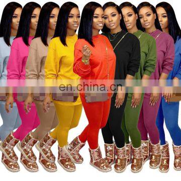 2020 Fashion solid color women long sleeve with legging 2 two piece outfit set