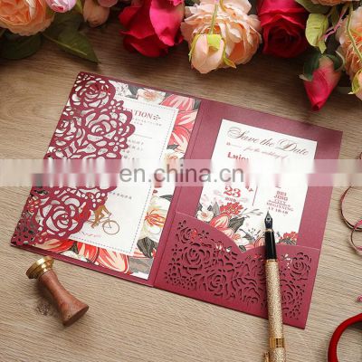 Customized Luxury Wedding Invitations Cards Kits Laser Cut Hollow Rose Pocket Wedding Invitations with Envelopes