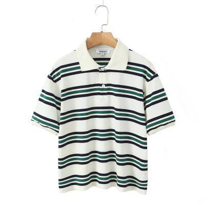 Ropa femenina de comercio exterior transnacional de verano nuevo, con influencia europea y estadounidense. Camiseta de manga corta con cuello de polo con rayas de colores contrastados en estilo retro estadounidense.