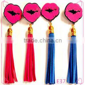 Blue Hot pink PU Leather Tassel Lips Dangle Earrings 2016 New Arrival Brincos Longos For Women