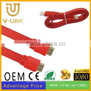 Gold-plated flat HDMI Cable with 1080p/3D supported , high data transfer speed red HDMI M/M 1.4 cable for HDTV/MONITOR/PROJECTOR