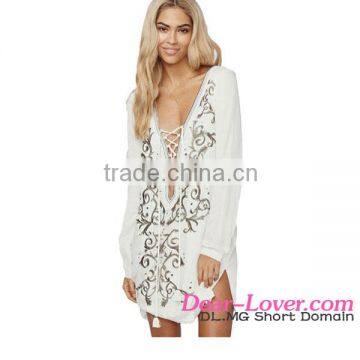 2016 Plunge V Lace-up Neck Floral Embroidered cover up beach dress