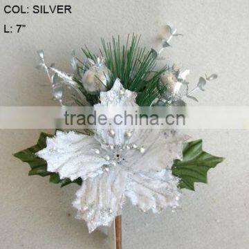 2014 Popular Artificial Christmas Silver Poinsettia Pick 7" Artificial Polyfoam With Berries and Pineneedle Pick