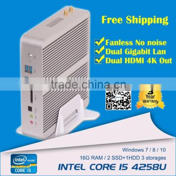 Fanless fastest mini computer i5 Intel Celeron i5 4258U 2.4GHZ turo2.9G 12V windows WiFi HDMI VGA USB HD 4K resolution