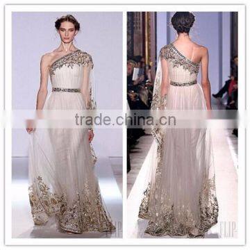 Fashion Embroidery Gold Beads Arabic Style One Shoulder Tulle Evening Dress                        
                                                Quality Choice