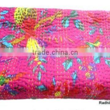 RTHKG-52 Pink City Vintage Look Bird Floral Printed 100% Cotton kantha Gudari Bedspread Double / Single Bed Throws Jaipur