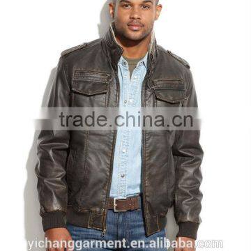 Men's faux bomber leather jacket with stand collar