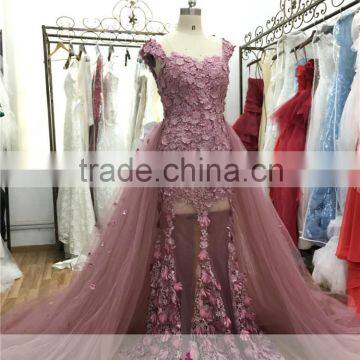 AR-91 Blush Vestido De Festa Longo Boho 3D Appliques Abiye Gece Elbisesi Prom Dress Removable Train With Flower