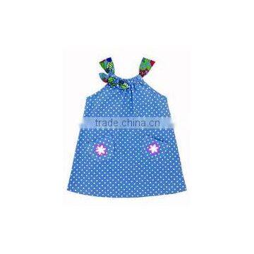 Logo Personalized girls beach dress with gathered neck blue with dots factory wholesale kids girl dress