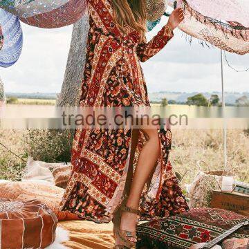 Bohemian Front Button Down Vintage Long Sleeve One Piece Maxi Dress HSd5170 photo-2