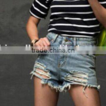 Cheap Wholesale Women High Waist Worn Holes Shorts Light Blue Fashion High Waist Denim Shorts photo-3