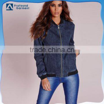 fashion zip women acid wash denim winter quilted bomber jacket