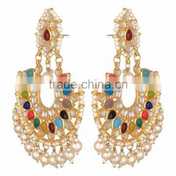 NAVRATAN Kundan Jadau Earring Tikka Gold Plated Chand Bali Set photo-5
