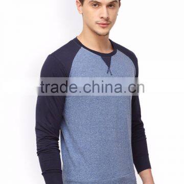 Men Blue Solid Round Neck Gym T-Shirt Waist Length Tee Long Raglan Sleeves Male Cotton Sport Tee Solid Custom Color photo-3