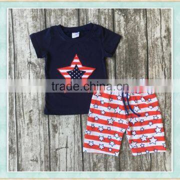 2017 new summer star embroidery black top match red and white strip short wholesale boutique 4th of July children outfits