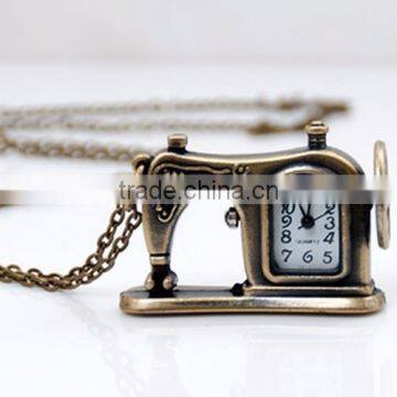 Vintage Cartoon Sewing machine Open Faced Pocket Watch Sweater Necklace