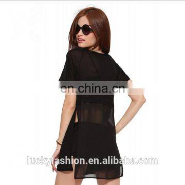 Oem Women Ladies Short Sleeve Blank t Shirt With Pocket With Transparent Chiffon Fabric photo-3