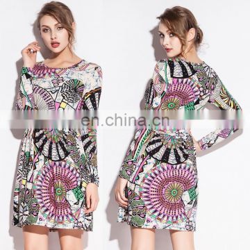 Wholesale 2015 Fashion Print O neck models Waist Wrinked One Piece Cotton dress