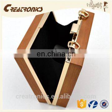 CR Factory OEM Acceptable Engraving Patterns Hollowed-out Design Metal Frame Long Chain Rectangled Shaped Wooden Box Clutch Bag photo-4
