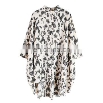 TWOTWINSTYLE Leopard Print Women's Shirt Stand Collar Batwing Half Sleeve Asymmetric Hit Color Summer Blouse