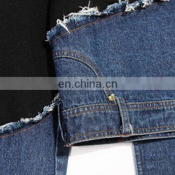 TWOTWINSTYLE Denim Sweatshirt For Female O Neck Long Sleeve Loose Hit Color Patchwork Asymmetrical photo-4