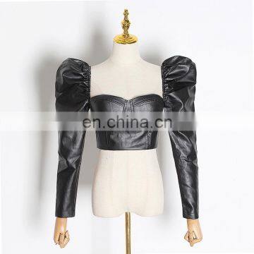 TWOTWINSTYLE Short Backless Square Collar Puff Long Sleeve Tunic Women's Blouse 2020