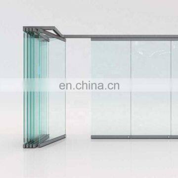 2020 Factory Customized space saving aluminium super white glass 3 panel corner sliding system tempered glass door