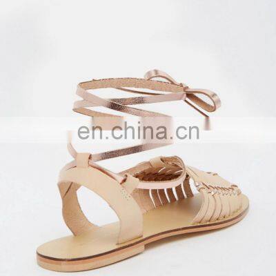 ladies new flat tie design sandals shoes women golden flat shoe