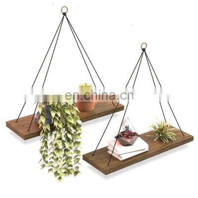 Set of 2 Wood Hanging Shelves for Wall - Farmhouse Rope Shelves for Bedroom Living Room Bathroom