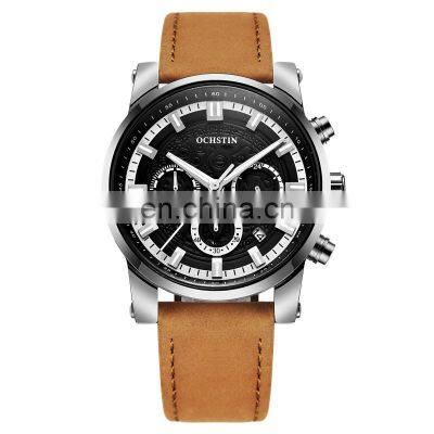 OCHSTIN GQ6111 New Luxury Chronograph Casual Quartz Men Watch Military Sport Genuine Leather Wristwatch Relogio Masculino