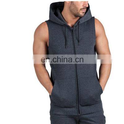 Manufacturer Wholesale Custom Embroidery Logo Cotton Men Full Zip up Blank Gym Fitness Sleeveless Hoodie With Pockets photo-3