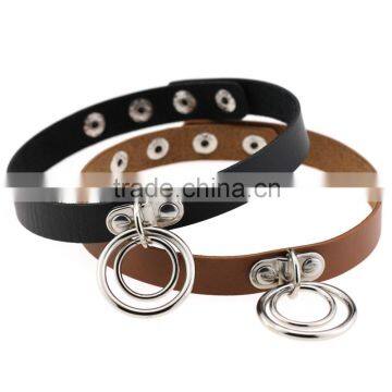 Fashion Handmade Punk Gothic Double O Shaped Metal Leather Button Jewelry Collar Choker Necklace photo-5