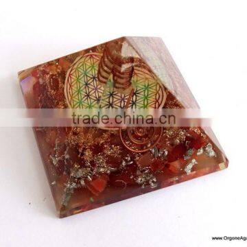 Chakra Pyramid | Big Orgone Red Carnelian Pyramid With Flower Of Life Symbol And Crystal Point | Reiki Products photo-5