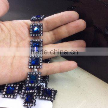 sew-on dark blue square crystal with clear rhinestone on black base setting rhinestone applique trimming for garment supplies