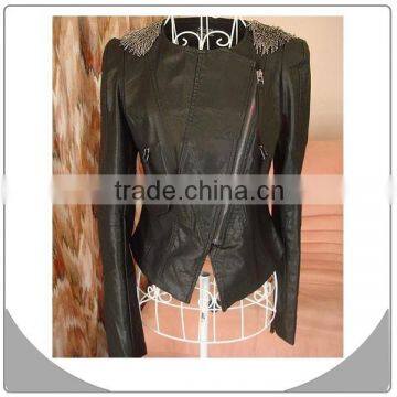 top quality black elegent women leather jacket beading dedisgn fashion 2014