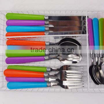 Multi Color Knife Fork Spoon 12Pcs Stainless Steel Cutlery Set With Basket