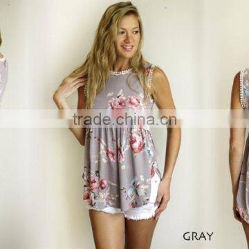 Wholesale Sublimation Products 95% Rayon 5% Spandex Lightweight Floral Sleeveless Babydoll Tank Women Summer Blouses photo-2