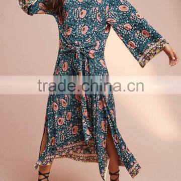 Boho Printed Long Sleeve Tie-Waist Details Frog Women Maxi Dress HSd5208 photo-2