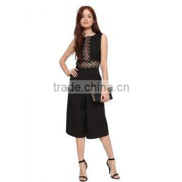 Woman/ladies black color wide leg fashion cut-out midi length sleeveless romper jumpsuit