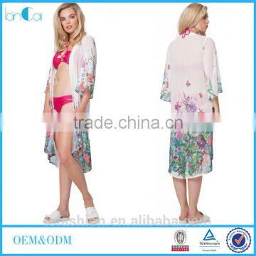 OEM women casual clothes vintage floral printed maxi kimono chiffon poncho for American women