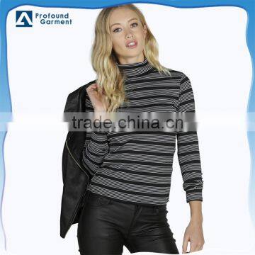 Fashion Women's high neck striped t-shirt top tshirt