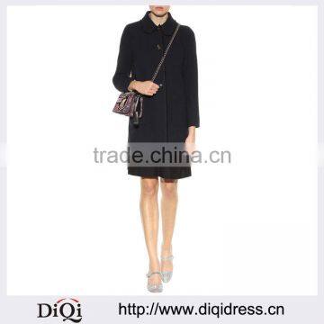Customized Lady Apparel Navy Hue Rounded Collar Playful Fringed Trim Wool Crepe Coat(DQM005C)