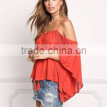 MGOO 2017 New Style Beach Casual Linen Red Blouses Viscose Tie Up Tunic Loose Style Fashion Off Shoulders photo-5