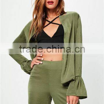 MGOO High Quality Custom Khaki Satin Jackets Crepe Satin Flare Sleeves Custom Cardigan Casual Wear photo-2