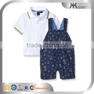 Little boy's clothes 2 piece plain polo top, shortall printing pattern romper, boys clothing