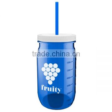 USA Made 27 oz Tritan Mason Jar With Screw-On Lid and Straw - measurements molded into side of jar and comes with your logo