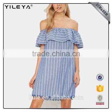 blue striped women off the shoulder dress with ruffles