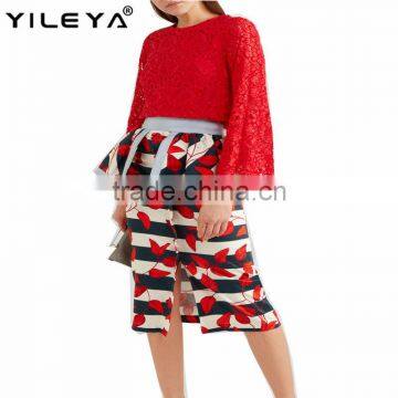 Latest Spring Design Fashion Red Lace Blouses for Ladies Elegent Long Sleeve Women Tops photo-3