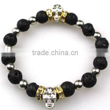 Silver Beaded Bracelet Punk Style Yellow Spacer Bead Skull Charm Lava Stone Bracelet